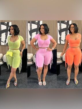 3 Sets Women’s Two-Piece Fringe Bike Short Set - Green, Pink, Orange